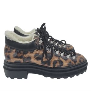 Schutz Lucille Leopard Patent Faux Shearling Ankle Boots 7B Lug Sole Block Heel